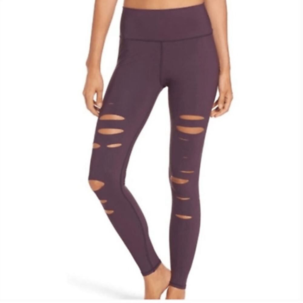 Alo Yoga High Waist Ripped Warrior Straight Long Leggings Plum Purple Small